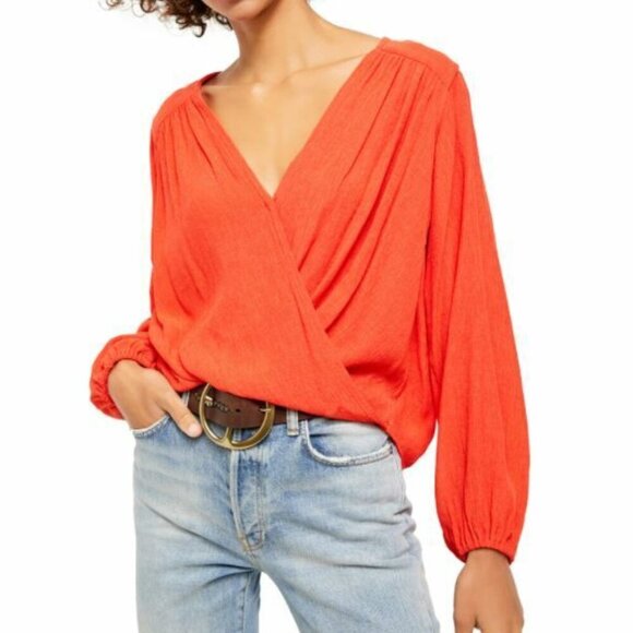 Free People Check On It Long Sleeve Pleated Wrap Blouse - Size XS in Red/Orange - Picture 1 of 14